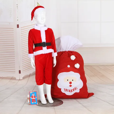 Kids Boys Christmas Santa Claus Costume Set Soft Gold Velvet Plush Outfit Top Pants Hat Belt Bag Holiday Party Apparel
