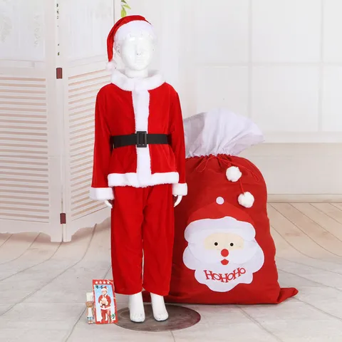 Kids Boys Christmas Santa Claus Costume Set Soft Gold Velvet Plush Outfit Top Pants Hat Belt Bag Holiday Party Apparel