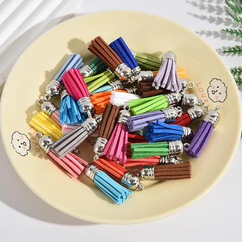 Faux Suede Leather Tassel Charms Mini Leather Fringe Pendant with Metal End Caps and Loop for DIY Jewelry Making Crafts Keychain