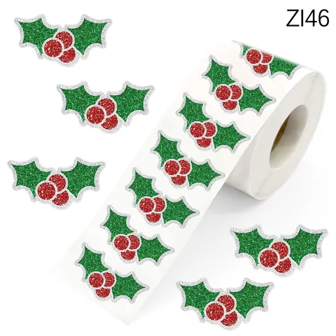 Glitter Christmas Holly Berry Stickers Roll Self Adhesive Copperplate Paper Labels For Gift Wrapping Greeting Card Holiday Decor