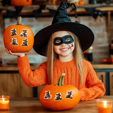 Rollo de Pegatinas de Halloween de Vaca de las Tierras Altas Mago Dibujos Animados Sombrero de Mago Calabaza Linterna Etiquetas Autoadesivas para Bolsa de Dulces Regalo