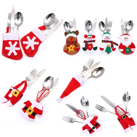 Juego de Porta Cubiertos de Navidad de Tela Ropa de Papá Noel Reno Muñeco de Nieve Patrón Funda para Tenedor Cuchara para Decoración de Cena