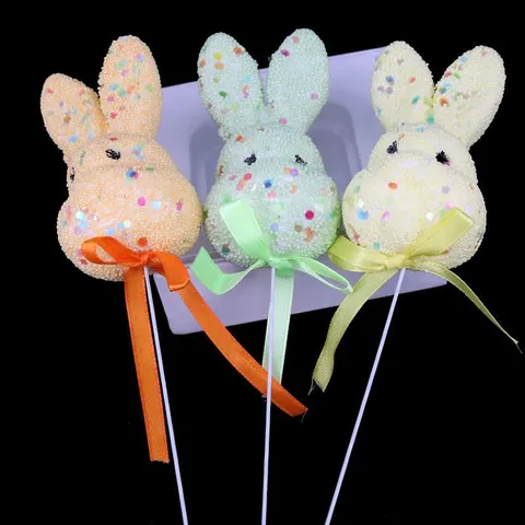Décoration de Pâques en Mousse Paillettes Lapin Œuf Picks Multicolore Nœud en Ruban Tuteurs pour Bouquet Agencement de Lieu Fête Fournitures