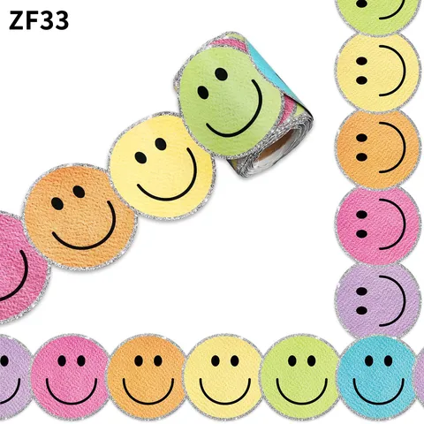 Autocollants Colorés de Bordure de Tableau d'Affichage Visage Souriant Paillettes Argentées Décoration Murale pour Salle de Classe Bureau École Maison