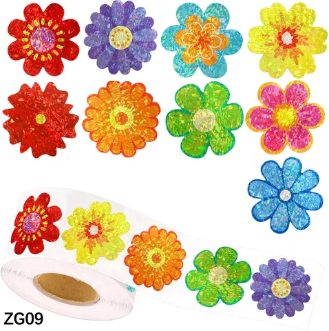 Holographic Laser Flower Stickers For Kids Reward DIY Decor Waterproof PET Floral Self-Adhesive Reward Stickers For Kindergarten Nursery School