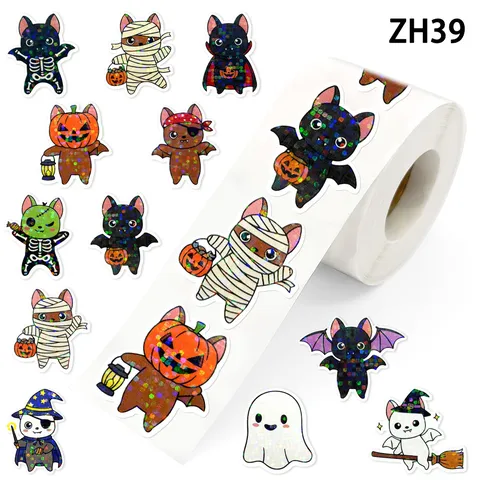 Αυτοκόλλητα Halloween Laser Cartoon Cat Τρομακτικό Σχέδιο Κολοκύθας Νυχτερίδας Μούμιας για Διακόσμηση Κουτιού Δώρου Κάρτας Ευχών Εορταστικά Αξεσουάρ