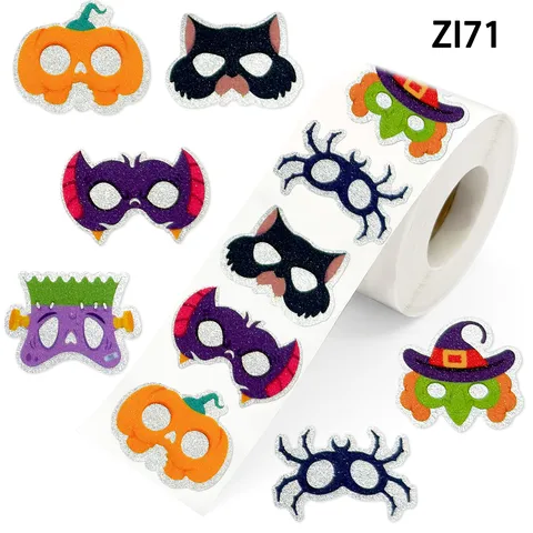 Halloween Mask Glitter Sticker Roll Party Favor Gift Bag Seal DIY Scrapbooking Decoration Pumpkin Bat Spider Witch Hat Stickers