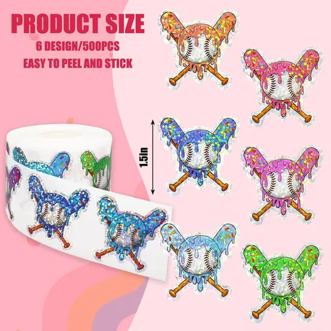 Holographic Baseball Stickers Waterproof Laser Sparkly Die-Cut Baseball Bat Decals For Water Bottle Gift Wrapping Decoration