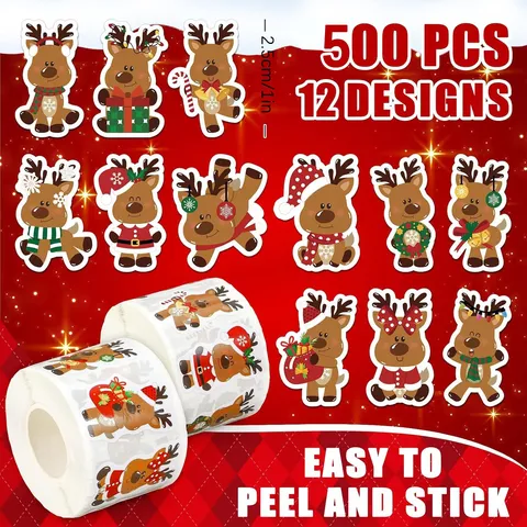 Christmas Adhesive Coated Paper Stickers Cute Cartoon Cat Dog Elk Patterns Ugly Sweater Design Self Adhesive Roll Decorative Gift Bags Baking Packing Seals Labels