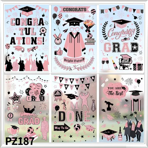 Pink Graduation Graduation Party Window Stickers Pack Congrats Grad Gown Cap Balloon Waterproof PVC Classroom Decorations