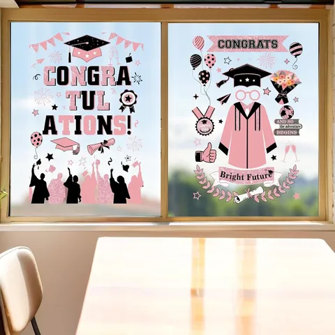 Pink Graduation Graduation Party Window Stickers Pack Congrats Grad Gown Cap Balloon Waterproof PVC Classroom Decorations