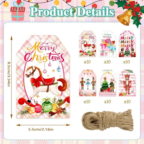 Pink Christmas Gift Tags Nutcracker Ballet Soldier Hand Drawn Paper Labels Hanging Decor DIY Present Wrap Labels With Hemp Rope