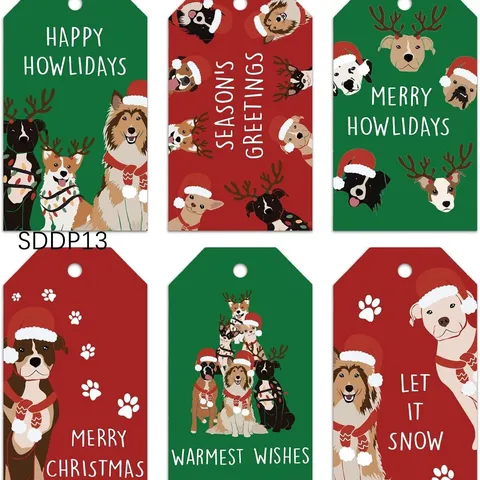 Classic Red Green Christmas Cartoon Dog Gift Tags Coated Paper Pet Presents Message Cards Hanging Labels For Holiday Party Decoration