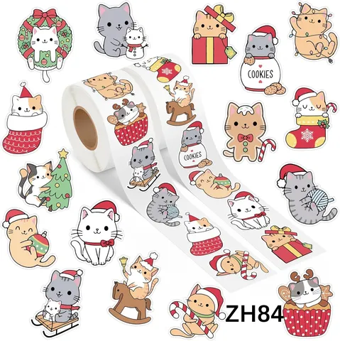 Christmas Adhesive Coated Paper Stickers Cute Cartoon Cat Dog Elk Patterns Ugly Sweater Design Self Adhesive Roll Decorative Gift Bags Baking Packing Seals Labels