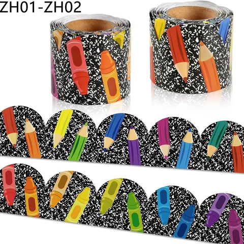 Colorful Cartoon Pencil Crayon Bulletin Board Border Stickers Coated Paper Scalloped Edge Classroom Blackboard Decor Stickers Roll