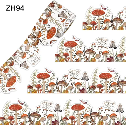 Scalloped Bulletin Board Border Stickers Cartoon Mushroom Autumn Maple Leaves Castle Decorative Wall Trim Decals For Classroom School Home Board Wall