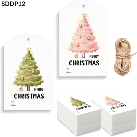 Christmas Watercolor Tree Gift Tags Merry Christmas Paper Labels For Holiday Wrapping Gift Boxes Tags With Hemp Rope