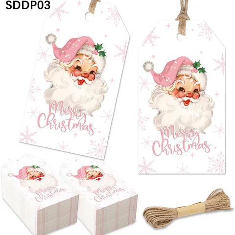 Etiquetas de Regalo de Navidad Rosa Con Cuerda de Cáñamo Papá Noel de Papel Estucado Retro para Decoración de Regalos Hombre Mujer