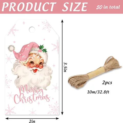 Etiquetas de Regalo de Navidad Rosa Con Cuerda de Cáñamo Papá Noel de Papel Estucado Retro para Decoración de Regalos Hombre Mujer
