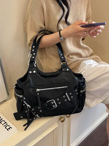 Retro Punk Motor Tote Bag voor Vrouwen Grote Capaciteit PU Leer Schoudertas met Klinknagel en Gordelgesp Detail Y2K Mode Handtas