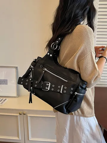 Retro Punk Motor Tote Bag voor Vrouwen Grote Capaciteit PU Leer Schoudertas met Klinknagel en Gordelgesp Detail Y2K Mode Handtas