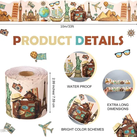 World Landmark Travel Theme Bulletin Board Border Sticker 10m Waterproof Self Adhesive Classroom Decoration Stickers ZG80 ZG81