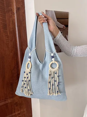 Bohemian Strick Tragetasche Mit Quaste Böser Blick Akzent Lässige Hohle Strand Handtasche Sommer Unterarm Schultertasche Für Damen