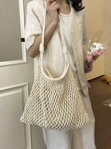 Bolso Tote de Paja Tejida de Gran Capacidad para Mujer Bolso de Hombro de Verano Calado Tejido a Mano Bolso de Malla para Playa