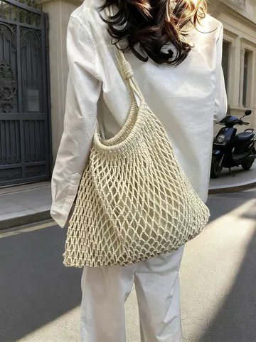 Bolso Tote de Paja Tejida de Gran Capacidad para Mujer Bolso de Hombro de Verano Calado Tejido a Mano Bolso de Malla para Playa