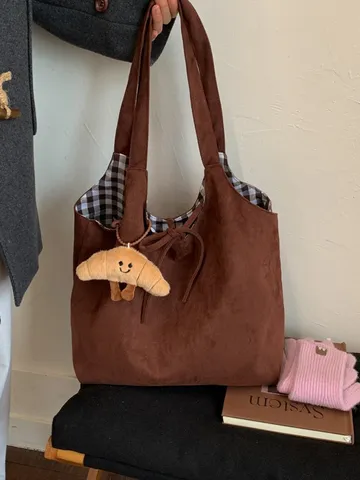 Women Retro Reversible Tote Bag Large Capacity Suede PU Leather Plaid Lining Shoulder Bag Casual Commute Bag With Croissant Pendant