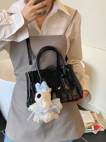 Bolso Tote Transparente de Retazos de PVC PU Estilo Coreano Con Colgante de Perro de Peluche Para Mujer Moda Viaje Bolso de Hombro