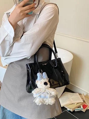 Bolso Tote Transparente de Retazos de PVC PU Estilo Coreano Con Colgante de Perro de Peluche Para Mujer Moda Viaje Bolso de Hombro