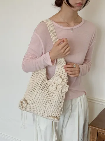 Damen Handgewebte Blumen Tote Tasche Ausgehöhlt Häkeln Umhängetasche Literarisch Künstlerisch Off-White Khaki Urlaub Tasche