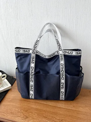 Damen Große Kapazität Nylon Netzgewebe Patchwork Tote Bag Lässig Strand Ausgehöhlt Schulter Unterarm Tasche Mit Webband