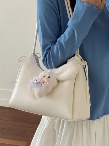 Damen Casual Weich PU Leder Commuter Kleine Tragetasche Einfach Täglich Schulter Umhängetasche Mit Süßem Hasen Anhänger