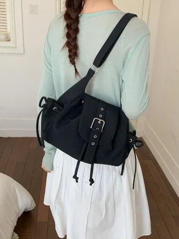 Minimalist Nylon Shoulder Bag For Women Belt Buckle Flap Hobo Tote Bag Drawstring Decoration Casual Crossbody Commuting Bag
