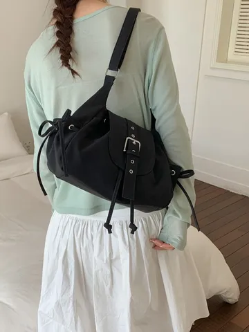 Minimalist Nylon Shoulder Bag For Women Belt Buckle Flap Hobo Tote Bag Drawstring Decoration Casual Crossbody Commuting Bag