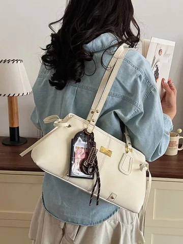 Vintage PU Leder Baguette Tasche Damen Kontrastnähte Koreanischer Stil Unterarmtasche Lässige Pendler Umhängetasche Katzen Anhänger