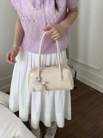 Damen Retro PU Leder Bowling Tasche Einfarbig Unterarm Schulter Handtasche Mit Künstlichem Perlenherz Anhänger Koreanischer Stil