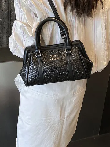 Women Embossed Woven Texture Tote Bag PU Leather Pillow Shape Handbag Casual Commuter Shoulder Crossbody Bag Metallic Decor