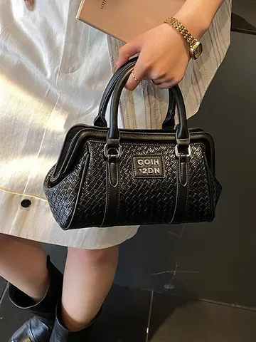 Women Embossed Woven Texture Tote Bag PU Leather Pillow Shape Handbag Casual Commuter Shoulder Crossbody Bag Metallic Decor