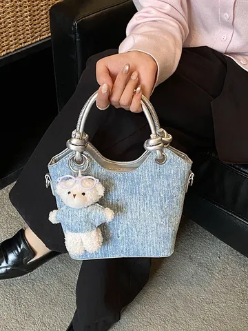 Women Patchwork Denim Blue Tote Bag Rhinestone Shoulder Crossbody Bag Fashion PU Leather Handles Commuting Top Handle Handbag