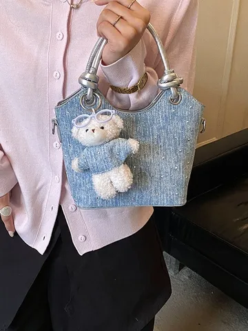 Women Patchwork Denim Blue Tote Bag Rhinestone Shoulder Crossbody Bag Fashion PU Leather Handles Commuting Top Handle Handbag