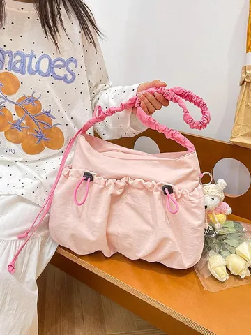 Utility Style Drawstring Canvas Tote Bag for Women Candy Color Pleated Shoulder Strap Student Messenger Bag Summer Shoulder Bag