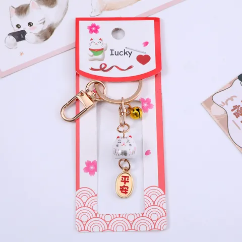 Llavero de Cerámica del Gato de la Suerte Retro Chino Maneki Neko Adorno Colgante para Bolso Amuleto de la Suerte Con Campana Joy Safety Tag