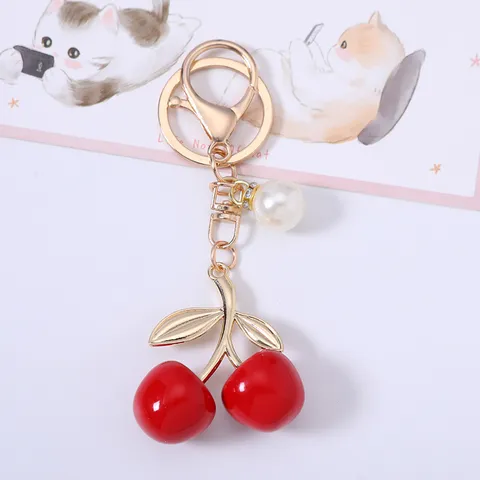 Pastoral Style Cherry Metal Keychain Charm Resin Acrylic Cherry Bag Decoration Alloy Pendant Fruit Key Ring For Women