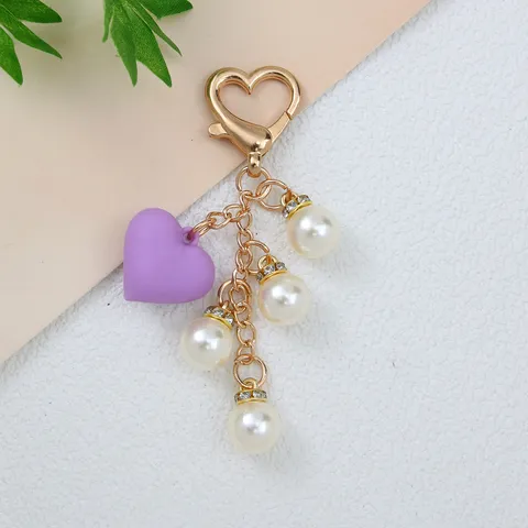 Porte-Clés Mode en Forme de Coeur Perle Artificielle Strass Coeur en Caoutchouc Souple Charme de Sac Cadeau Femme