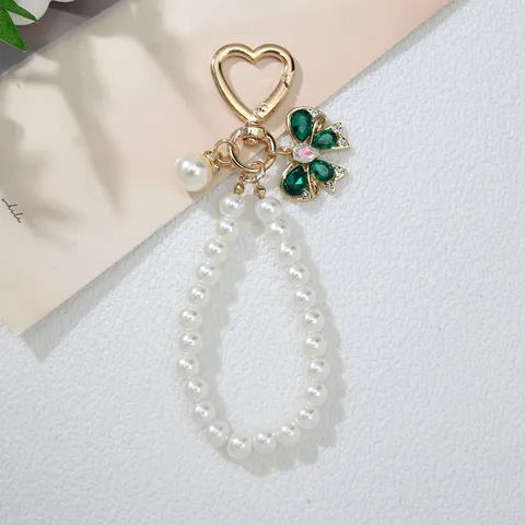 Handmade Bowknot Artificial Pearl Keychain Heart Shape Clasp Beaded Bag Charm Rhinestone Pendant For Car Key Earphone Case