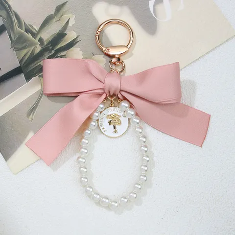 Vintage Large Satin Bowknot Keychain With Artificial Pearl Bead String Retro Style Bag Charm Pendant Elegant Gift For Women