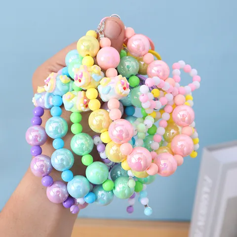 Handmade Acrylic Beaded Bow Heart Keychain Cute Phone Chain Bag Pendant For Women Girls Sweet Jewelry Accessory Gift